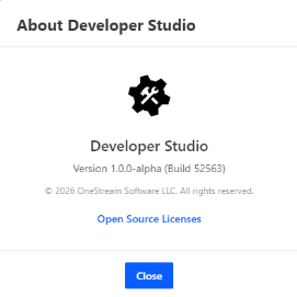 The About Developer Studio dialog box displays with the version number and a link to Open Source Licenses